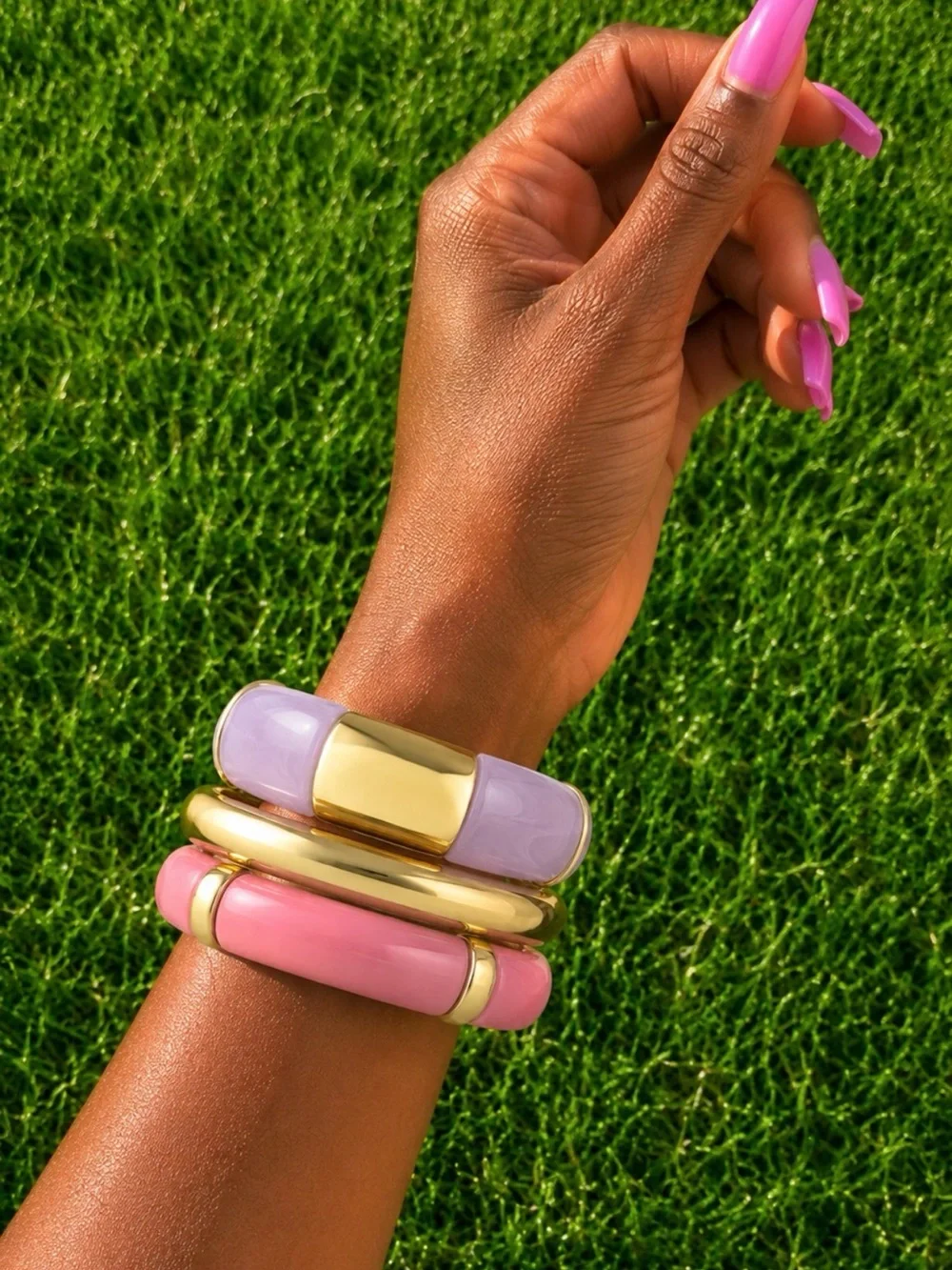 Gold-Tone & Pastel Stackable Resin Bangle Set - Pink and Lavender